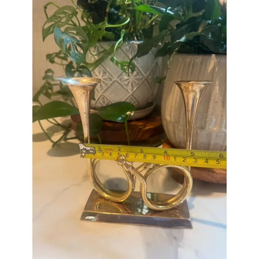 Vintage Enesco Brass French Horn Double Candleholder - Midcentury Shelf Decor